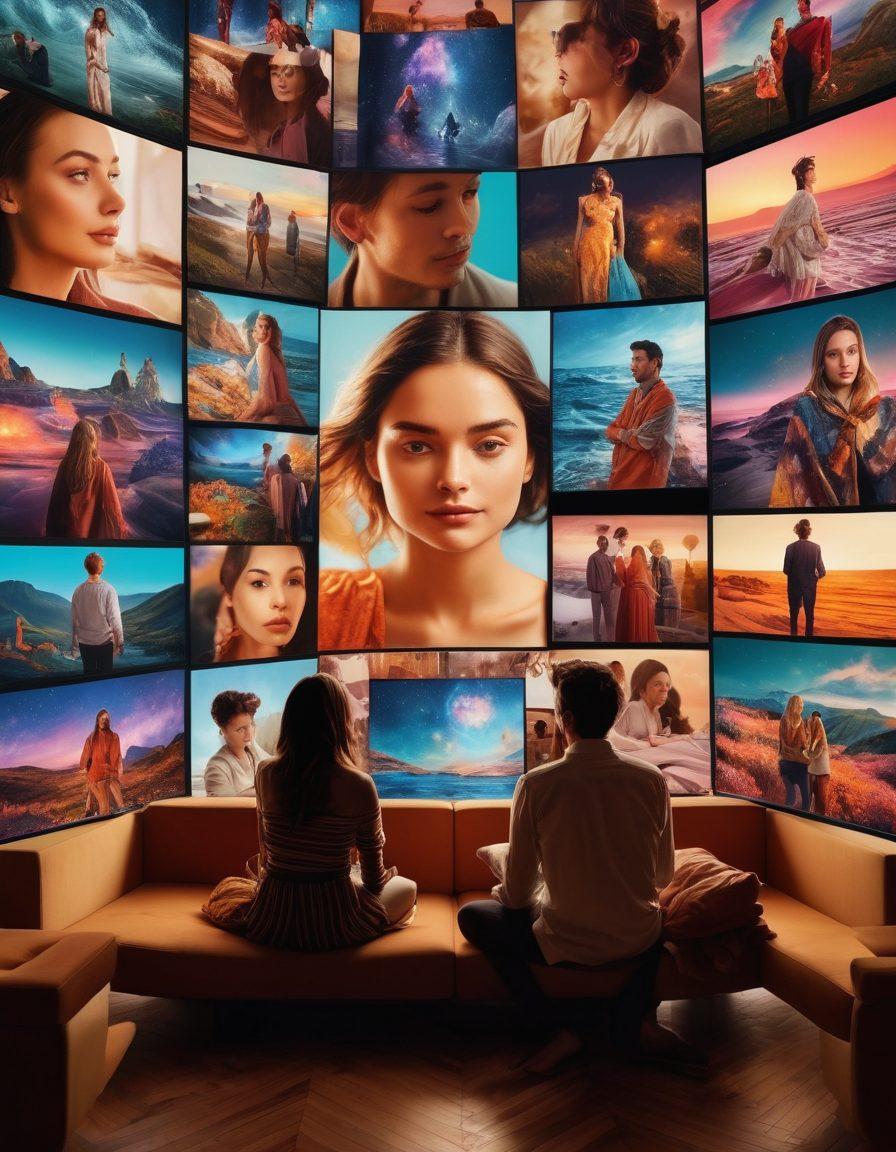 A visually striking collage of diverse individuals engaging with screens showcasing adult streaming content, with abstract shapes representing the blend of emotions and sensations experienced during viewership. Soft, warm lighting creates an intimate atmosphere, while hints of digital screens suggest modern technology. Emphasize aspects of curiosity, excitement, and relaxation. Cinematic style. vibrant colors.