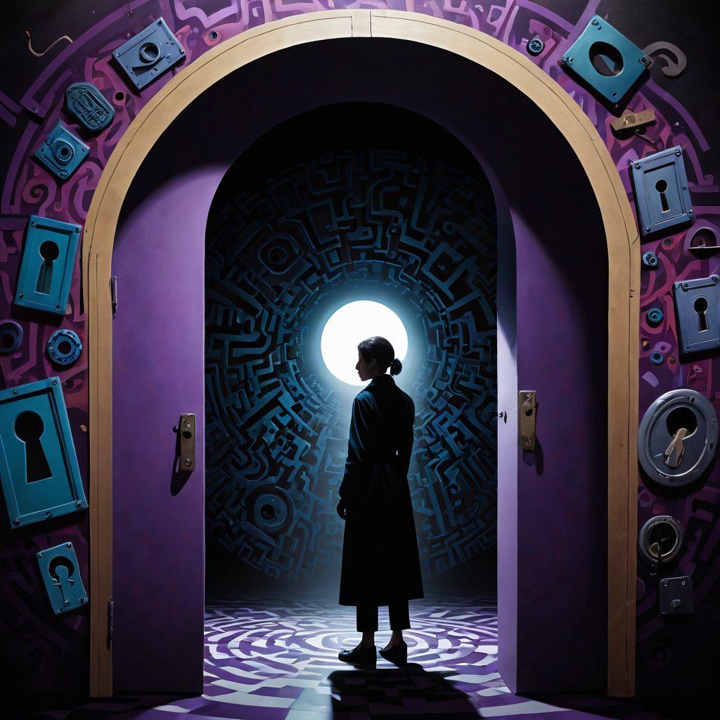 A surreal scene depicting a shadowy figure peeking through a keyhole, representing voyeurism, surrounded by fragmented mirrors symbolizing privacy. In the background, a maze of digital codes and privacy icons (like locked padlocks) swirling around. The colors should be dark and moody, with electric blues and vivid purples highlighting the tension between curiosity and secrecy. surrealistic. vibrant colors.