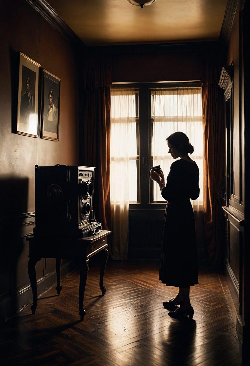 A dimly lit room with a vintage camera capturing a shadowy figure watching a screen displaying a vibrant, intimate scene. The atmosphere is charged with intrigue and secrecy, enhanced by soft shadows and deep hues. Subtle reflections in the camera lenses add depth, suggesting a hidden perspective. The setting conveys a sense of allure and intimacy, drawing viewers into the voyeuristic experience. moody lighting. cinematic style. rich textures.